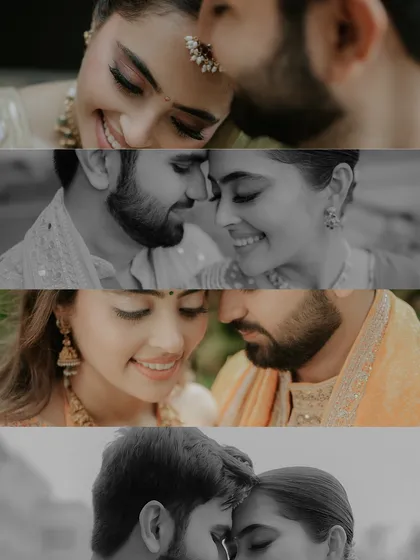 A collage of intimate close-ups, alternating between color and black and white. Each frame captures a different nuance of the couple's loving expressions and smiles.