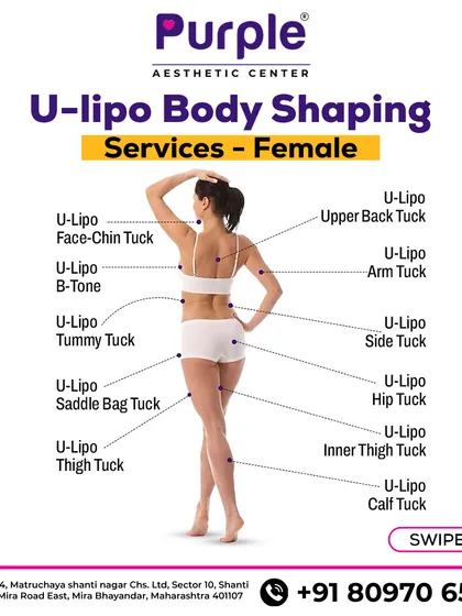 We offer U-Lipo body shaping services for various areas on the female body. This includes tummy tuck, arm tuck, thigh tuck, and even a face-chin tuck to help you feel confident from head to toe.