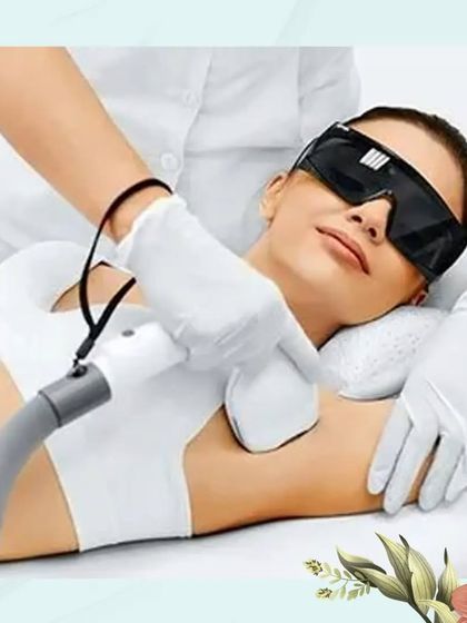 A visual clue from our trivia contest, showing a client undergoing a safe and professional underarm laser hair removal session, complete with protective eyewear.