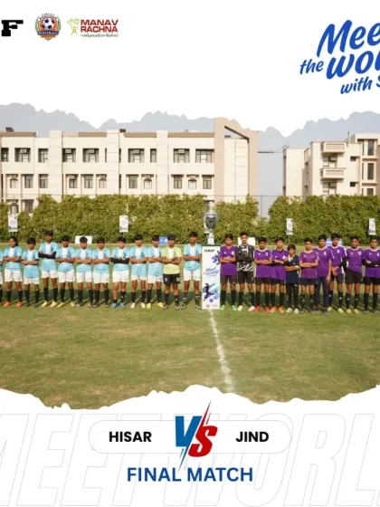 The calm before the storm. The two final teams, Hisar and Jind, line up before their epic final match in the 'Meet the World' tournament.