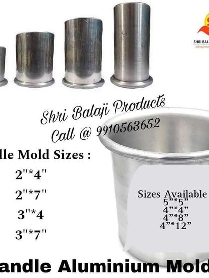 A collage of the various sizes of aluminum pillar candle molds I offer. From small 2-inch diameter molds to larger 5-inch ones, I have sizes for every project.
