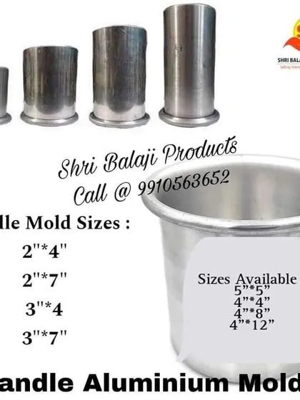 A collage of the various sizes of aluminum pillar candle molds I offer. From small 2-inch diameter molds to larger 5-inch ones, I have sizes for every project.