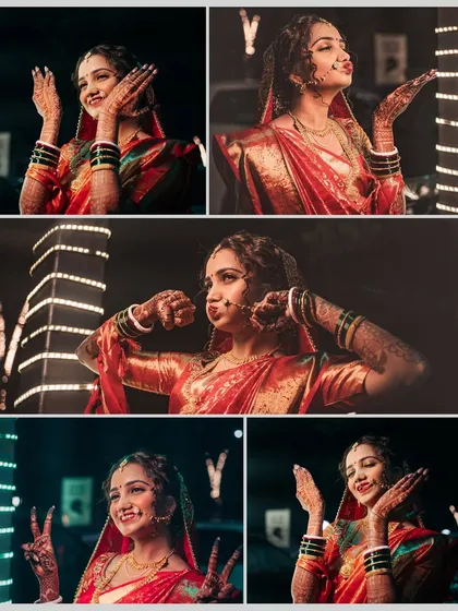 A collage of a fun and expressive bride, who appears to be of Bengali heritage based on other photos, enjoying her wedding day. Her playful poses show her vibrant personality.