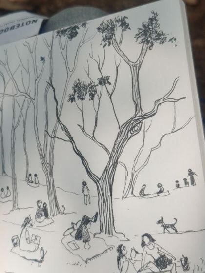 My first sketch in a new sketchbook, done at the 50th edition of Cubbon Paints. It captures the happy, creative vibe of the community.