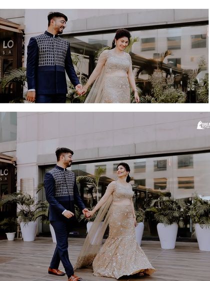 A diptych of the couple walking hand-in-hand, capturing a candid and happy moment during their engagement celebration at the Radisson Blu.