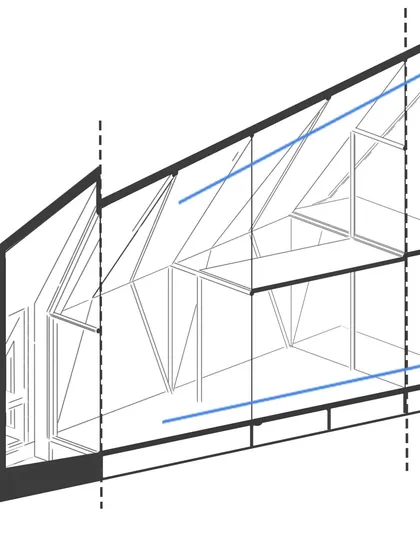 This diagram shows the passive ventilation strategy for the "Parasite" homes, with air flowing through the lower level and exiting through the upper level to naturally cool the space.