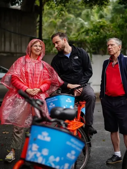 A moment of conversation between riders during a break. Our tours are a great social experience, allowing you to connect with fellow explorers.