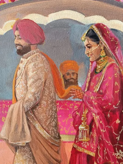A close-up from the Ludhiana wedding painting, focusing on the couple during the Anand Karaj ceremony.