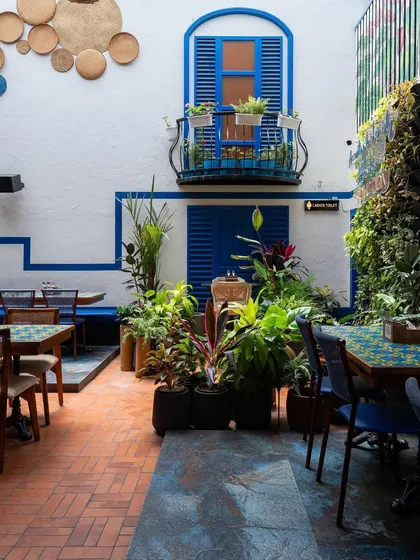 The combination of white walls, blue shutters, and terracotta flooring in this courtyard is inspired by the architecture of the Greek islands. The space is designed to feel fresh, modern, and connected to nature.