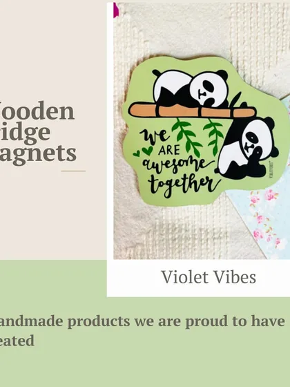 A graphic showcasing our wooden fridge magnets. This 'We Are Awesome Together' panda magnet is a cute and fun way to add a bit of personality to your fridge.