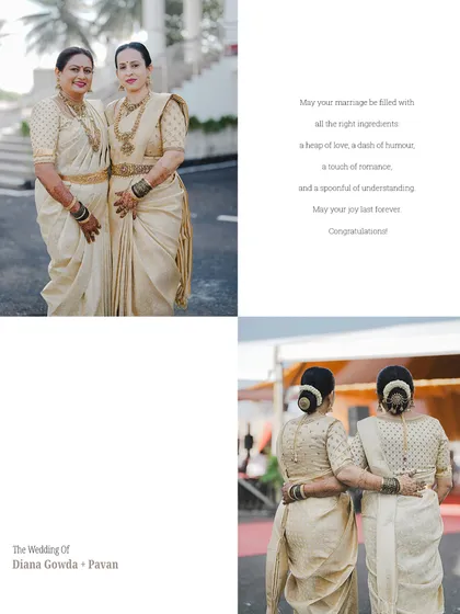 A beautiful wedding portrait showing two women in matching custom off-white sarees and embroidered blouses, a perfect example of coordinated family outfits.