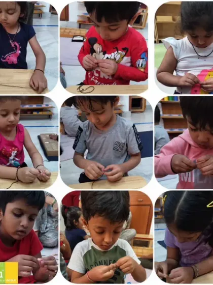 Children concentrating as they make their own rakhis. This fine motor activity is also a lesson in love and tradition, as they create a special bond to celebrate Raksha Bandhan with their siblings.