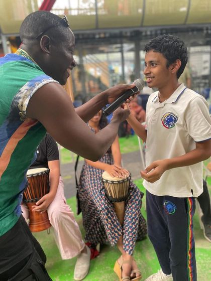 Another heartwarming interaction at our inclusive drum circle. The session was filled with vibrant beats and infectious rhythms, creating an unforgettable journey for everyone involved.