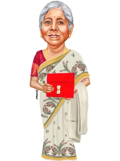 A caricature of Finance Minister Nirmala Sitharaman holding the budget briefcase.