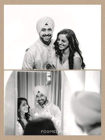 A black and white collage from an engagement, capturing both a formal portrait and a candid moment of reflection.