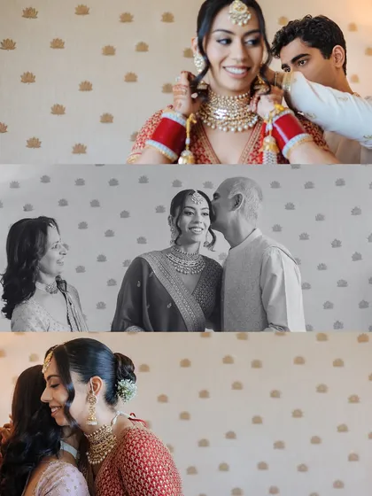 A collage of getting-ready moments, showing the bride sharing emotional hugs with her family.