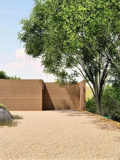 A conceptual design for a community living project in Bengaluru, featuring monolithic rammed earth walls that carve out spaces and frame views of the landscape.