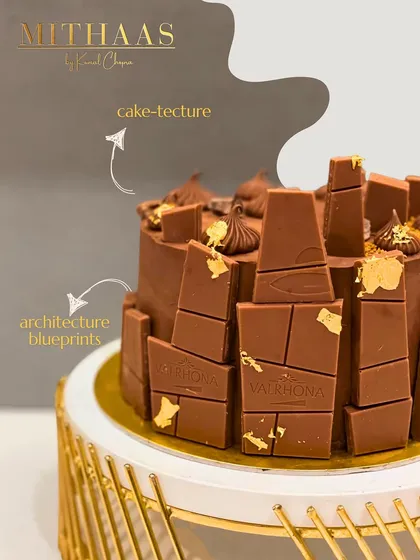 I call this "cake-tecture". Designed for an architect, this rich Valrhona chocolate cake is structured to resemble architectural blueprints. It’s a perfect example of how I translate your passions and stories into a delicious, edible art form.