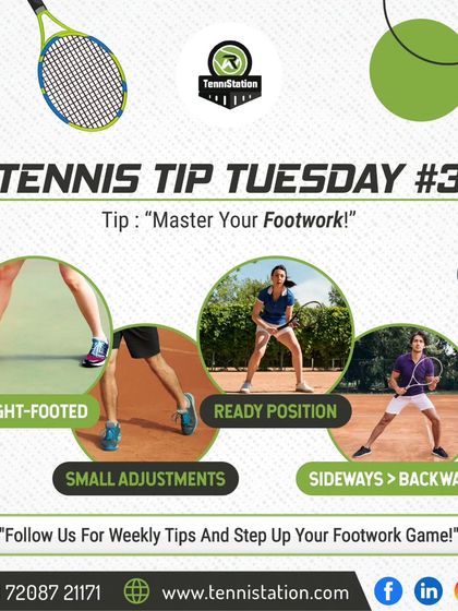 Tennis Tip Tuesday: Master your footwork. Stay light-footed, make small adjustments, move sideways instead of backward, and always maintain a ready position.