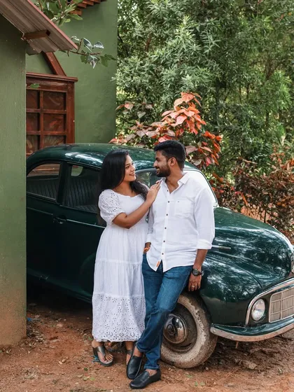 A relaxed pre-wedding portrait featuring our classic vintage car. This set is perfect for couples looking for a timeless, romantic feel for their photos, and it's just one of many options available here.