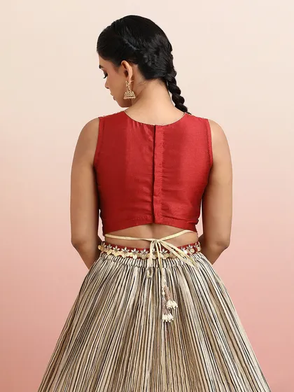 The back of the red blouse is simple and elegant, with a tie-up detail that adds a touch of charm.