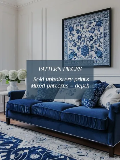 Patterned pieces add depth and personality. We use bold upholstery prints and mix different patterns on sofas and rugs to create visually rich interiors.