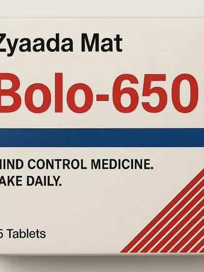 A medicine box for 'Bolo-650', a fictional mind control pill. This is a satirical commentary on conformity and the suppression of dissent, packaged as a common pharmaceutical product.
