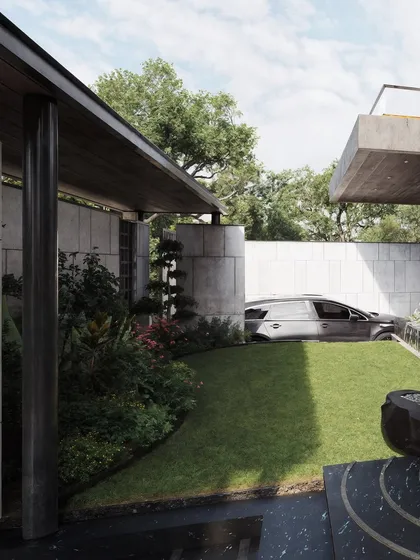 A view into a landscaped garden, framed by architectural elements. This render demonstrates how I visualize the layering of space, from the manicured lawn and curved garden bed to the covered carport in the background.