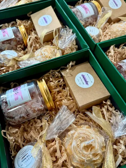 A beautiful bridesmaid box I curated, showing how I work with clients to create thoughtful, personalized hampers.