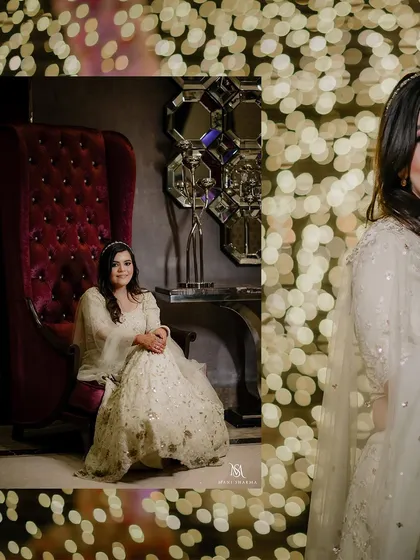 A creative engagement portrait using bokeh lights to frame the bride. This technique adds a magical and dreamy quality to the photograph.