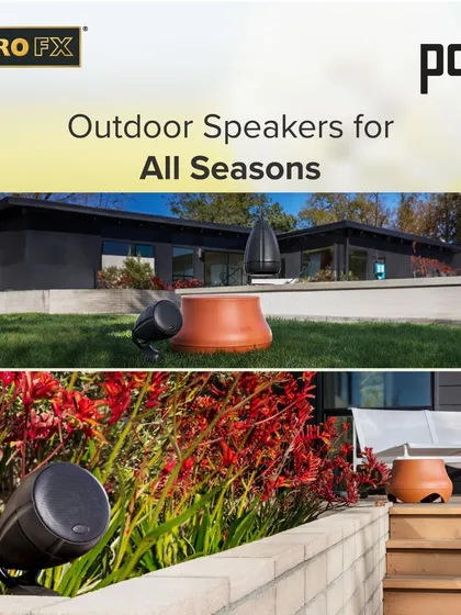 Our design philosophy is to make technology disappear into the landscape. Here, Polk Atrium series satellite speakers and a SUB100 subwoofer blend perfectly into the garden and deck area, delivering rich, full-range sound without disrupting the natural beauty of your space.