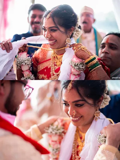 A collage capturing the tying of the mangalsutra, a significant and emotional part of the Hindu wedding ceremony.