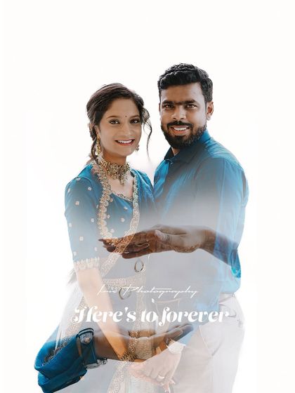 A creative double exposure combining a portrait of the couple with a detail shot of their hands and the ring. The text overlay reinforces the theme of a lifelong commitment.