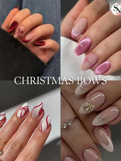 Christmas bows are a classic for a reason. This collage shows different takes on the trend, from simple painted bows to elegant 3D gold bow charms.