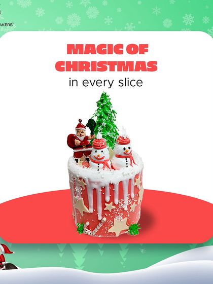 The magic of Christmas in every slice. This mini Christmas cake is a festive delight, topped with tiny snowmen, a Santa, and a Christmas tree.