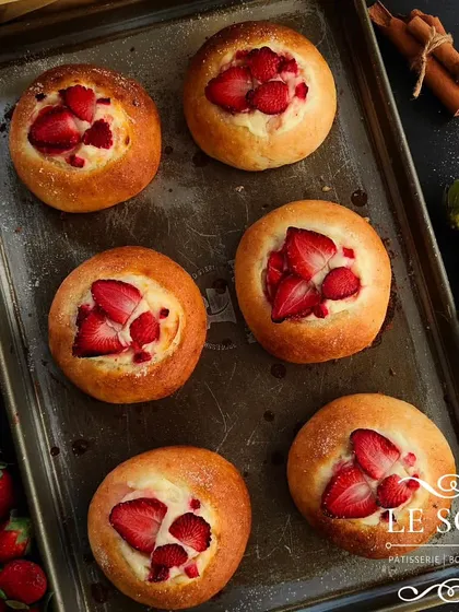 My eggless Strawberry Brioche is a seasonal favorite. I developed a special recipe for a rich, fluffy brioche without eggs, filled with cream cheese and fresh strawberries.