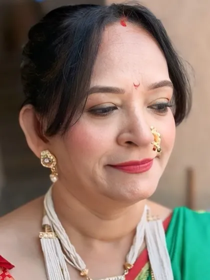 A close-up of the makeup for mature skin. I use techniques that ensure the makeup looks fresh and radiant without settling into fine lines.