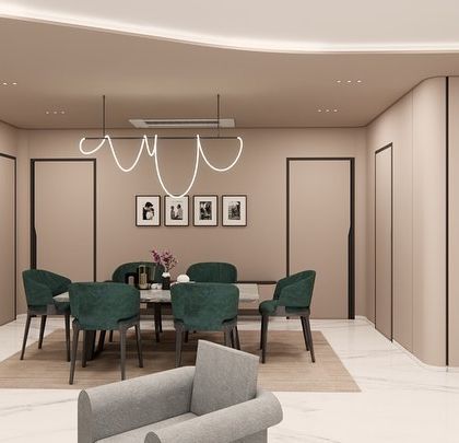 An open-plan living and dining concept for SVASA 2A, where a cohesive beige color scheme unifies the space. A bold green sofa and matching dining chairs add a touch of vibrant energy, while a flowing ceiling detail with cove lighting connects the two zones.