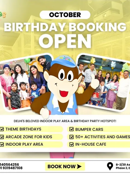 October birthday bookings are open! We are Delhi's beloved birthday party hotspot, offering themed parties, arcade fun, bumper cars, and over 50 activities to choose from.