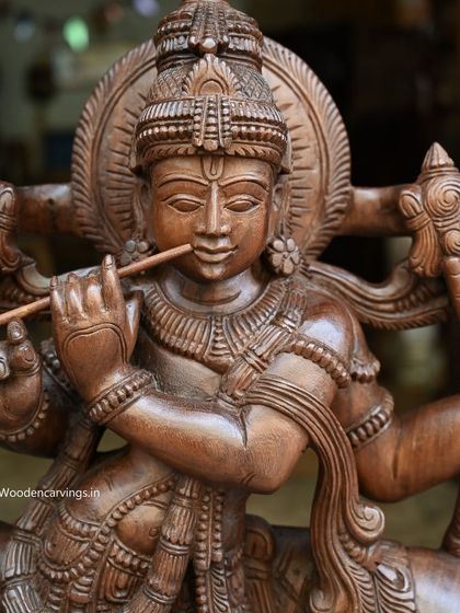 A close-up on the face of the 36-inch Venugopal Krishna, showcasing the fine craftsmanship and the peaceful aura of the deity.