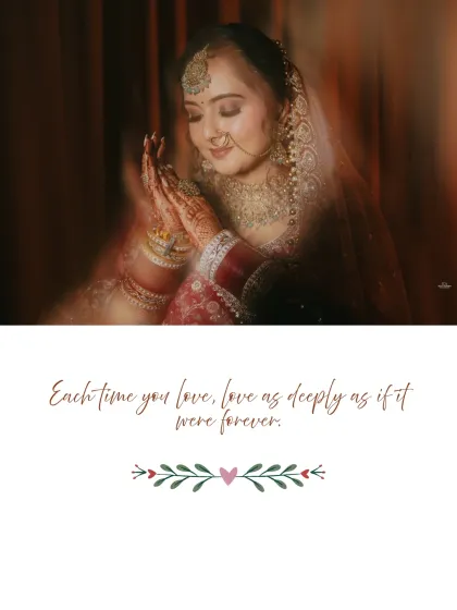 A soft, dreamy portrait of the bride with her hands in a prayer-like pose. The motion blur effect adds a touch of ethereal beauty.