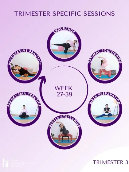 My On-Demand Prenatal Yoga Program is designed to fit your schedule. This visual guide shows the trimester-specific sessions you'll get, focusing on everything from building endurance and gentle stretching to optimal positioning for your baby.