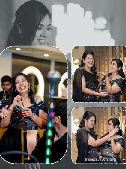 A collage of candid moments from a cocktail night, showing guests laughing, drinking, and dancing.