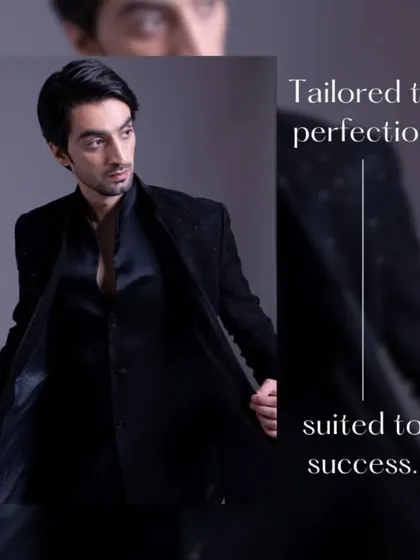 "Tailored to perfection, suited to success." This image captures the essence of a longline Indo-Western jacket, showing its sharp cut and luxurious sheen.