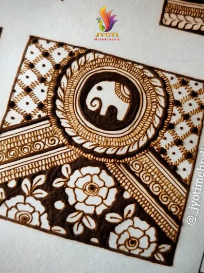 This practice square combines an elephant motif with floral and geometric patterns, teaching you how to mix different elements.