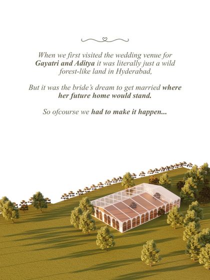 The bride's dream was to get married where her future home would stand. This render illustrates our initial concept of placing a grand, transparent hangar amidst the wild, forest-like land. It was the first step in visualizing how we could make her deeply personal dream a reality.