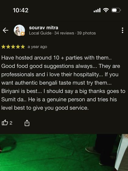 This review from a repeat client, Sourav Mitra, mentions he has hosted over 10 parties with us. He recommends our authentic Bengali taste and gives a special thanks to our owner, Sumit.