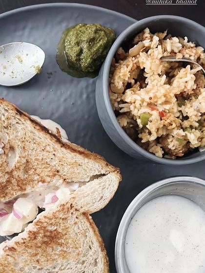 A client's breakfast of poha, a toasted sandwich, and curd. This meal is designed to provide energy and keep her full, perfect for her upcoming events.