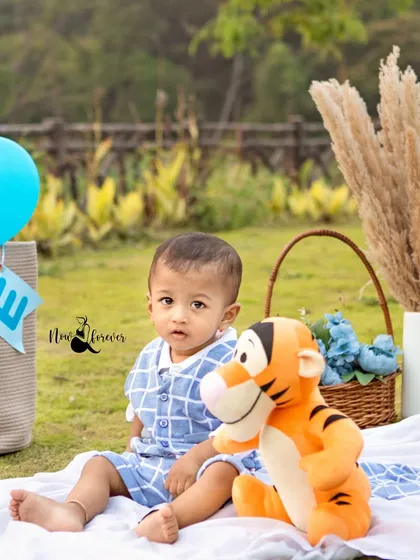 A quiet moment during a fun-filled first birthday picnic. We use props like Tigger and a "ONE" banner to add a personal touch to the celebration.
