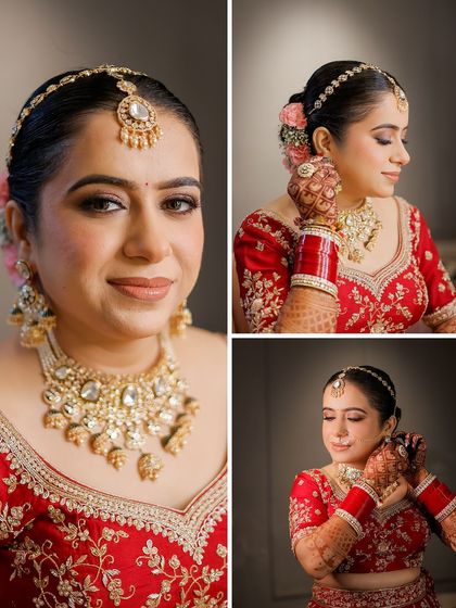 A collage of bridal portraits capturing different angles and moments. It showcases her complete look, from a direct portrait to side profiles showing her hair, jewelry, and henna.